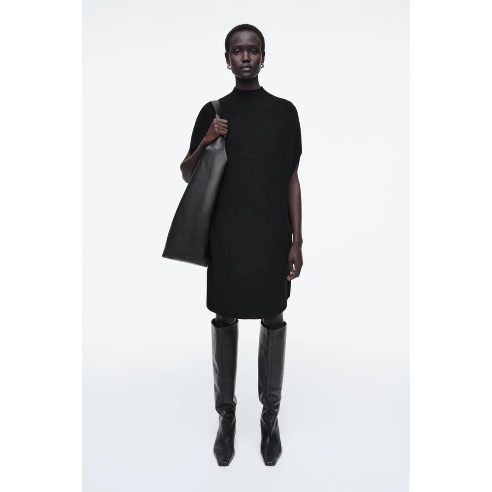 COS Black Boiled Wool Mock Neck Poncho Cape Knit Dress Small